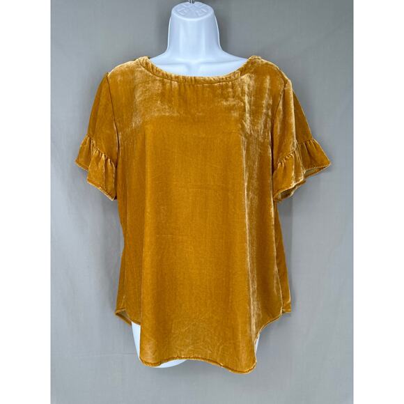 Loft Top Womens Small Yellow Velvet Ruffle Flowy Boho Cottage Bohemian - Picture 1 of 7